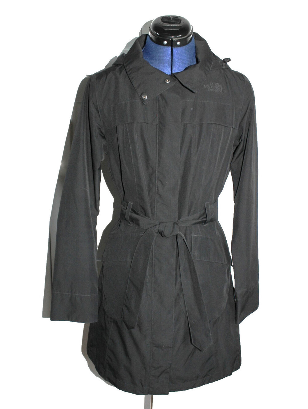 The North Face HyVent Belted Trench Coat Womens XS Black Hooded Rain Jacket
